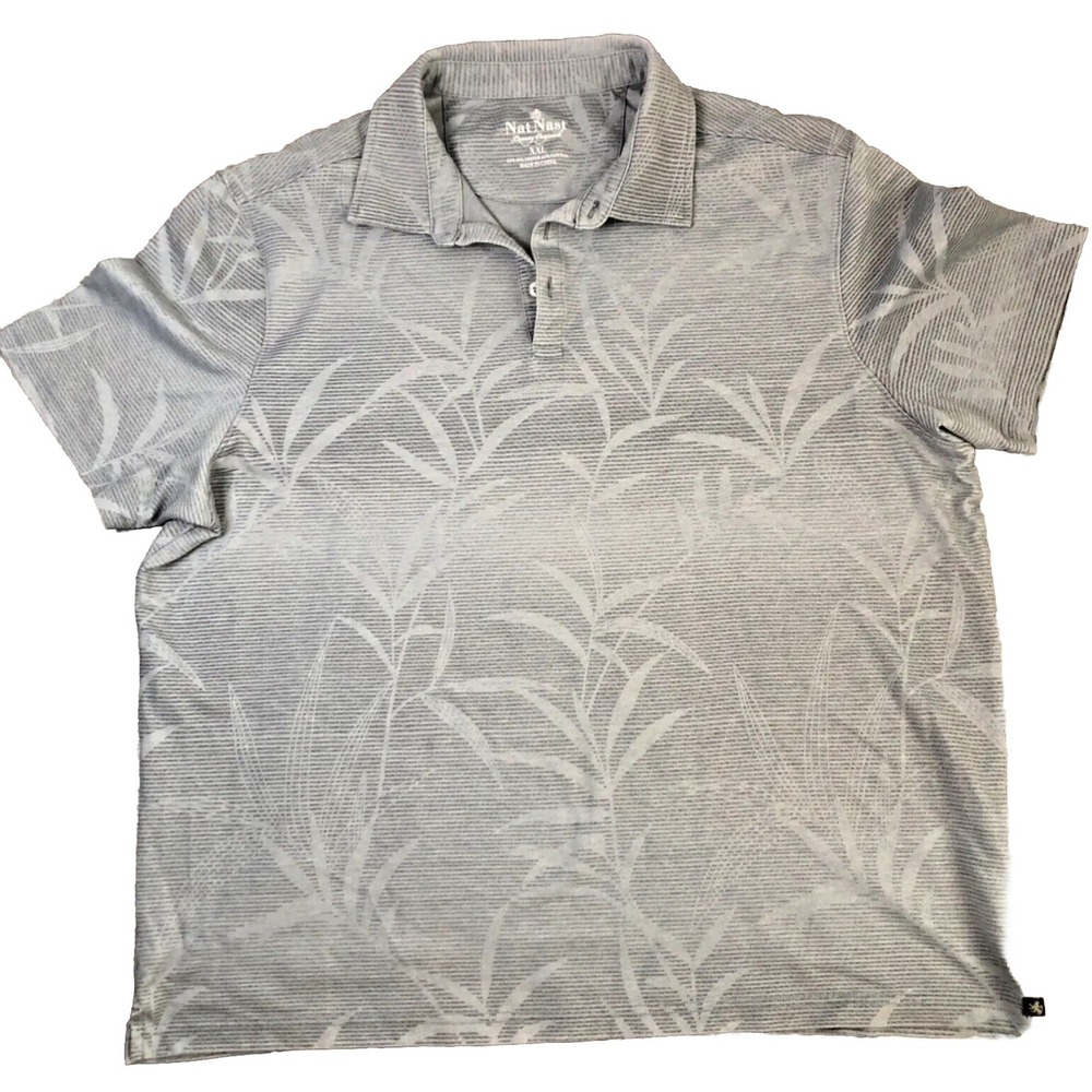 Nat Nast Men's XXL Hawaiian Polo shirt tropical Palm Trees Gray Aloha Golf Shirt